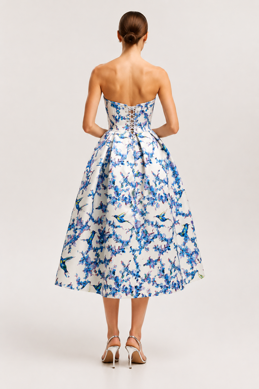Aviary | Strapless Floral Bird Print Midi Dress