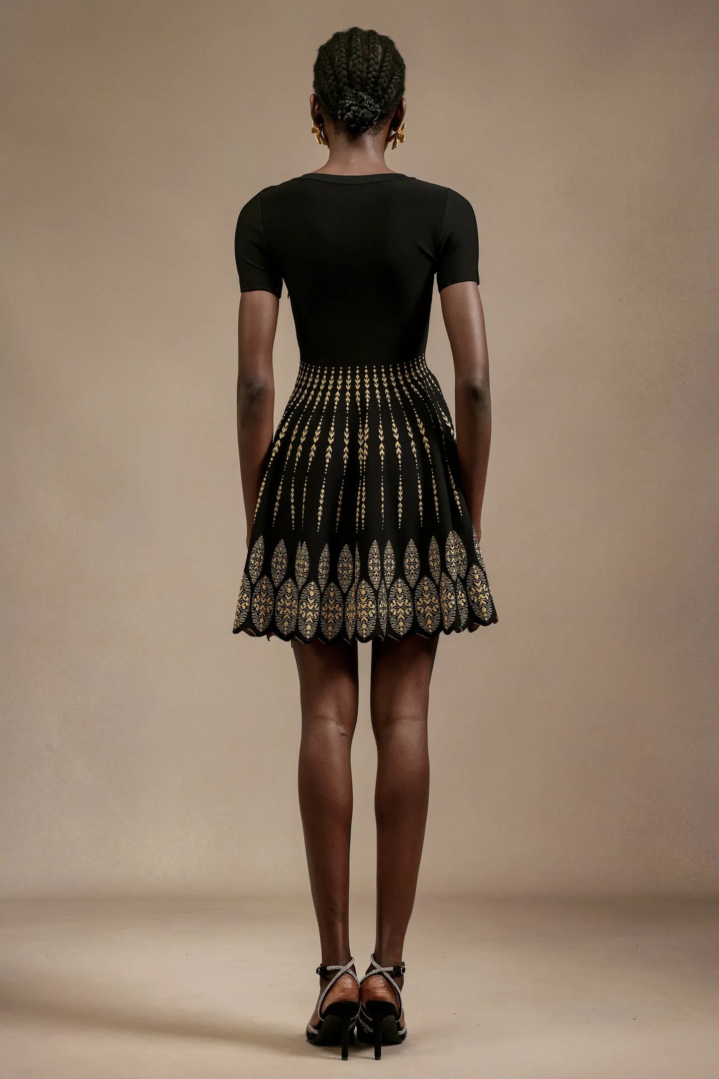 Women's Black Jacquard Knitted Dress V-Neck, High Waist Design
