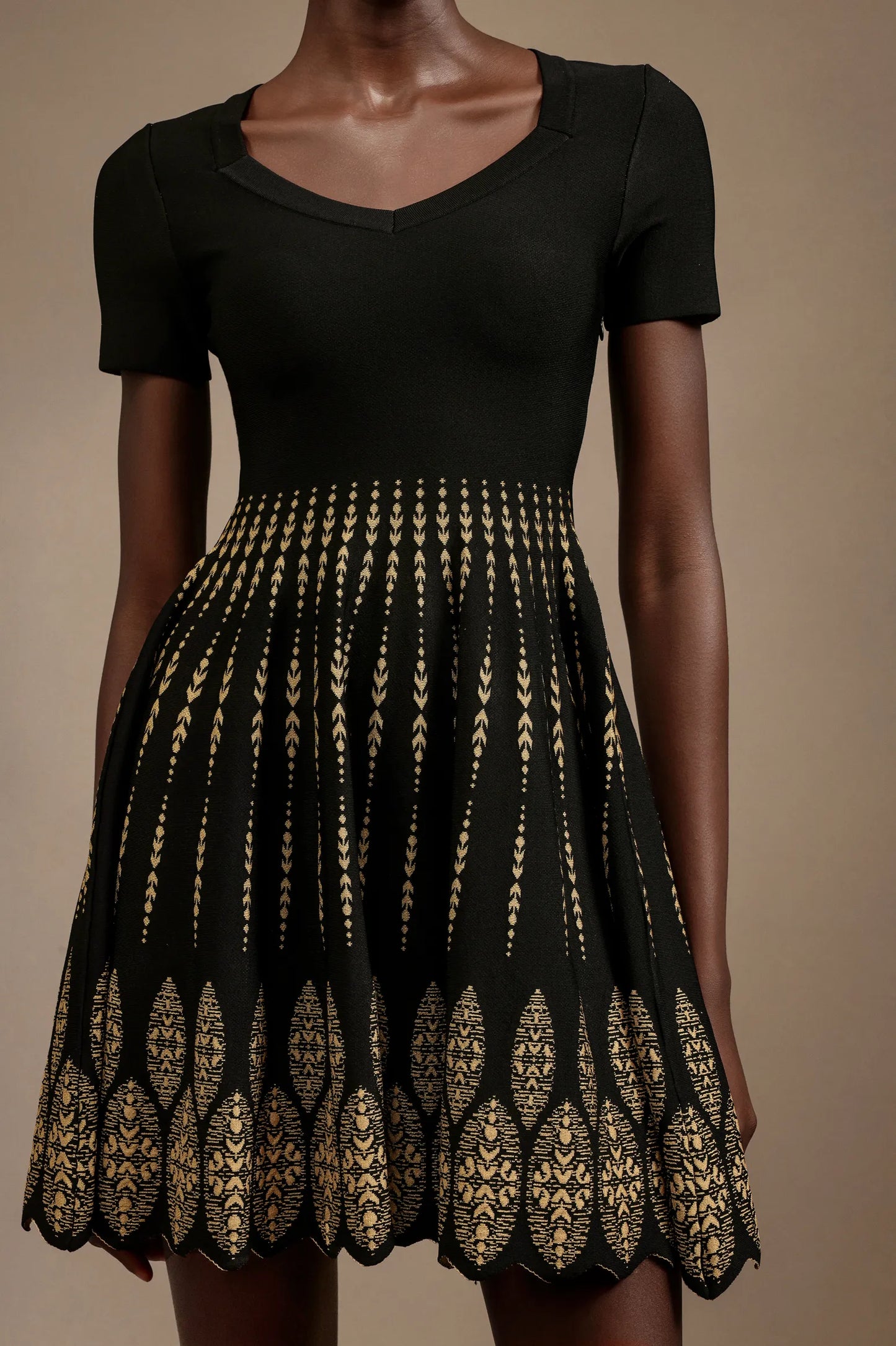 Women's Black Jacquard Knitted Dress V-Neck, High Waist Design