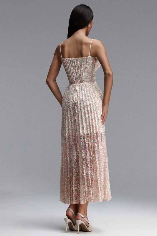 Facia | Cinched Sleeveless Floral Print Pleated Maxi Dress