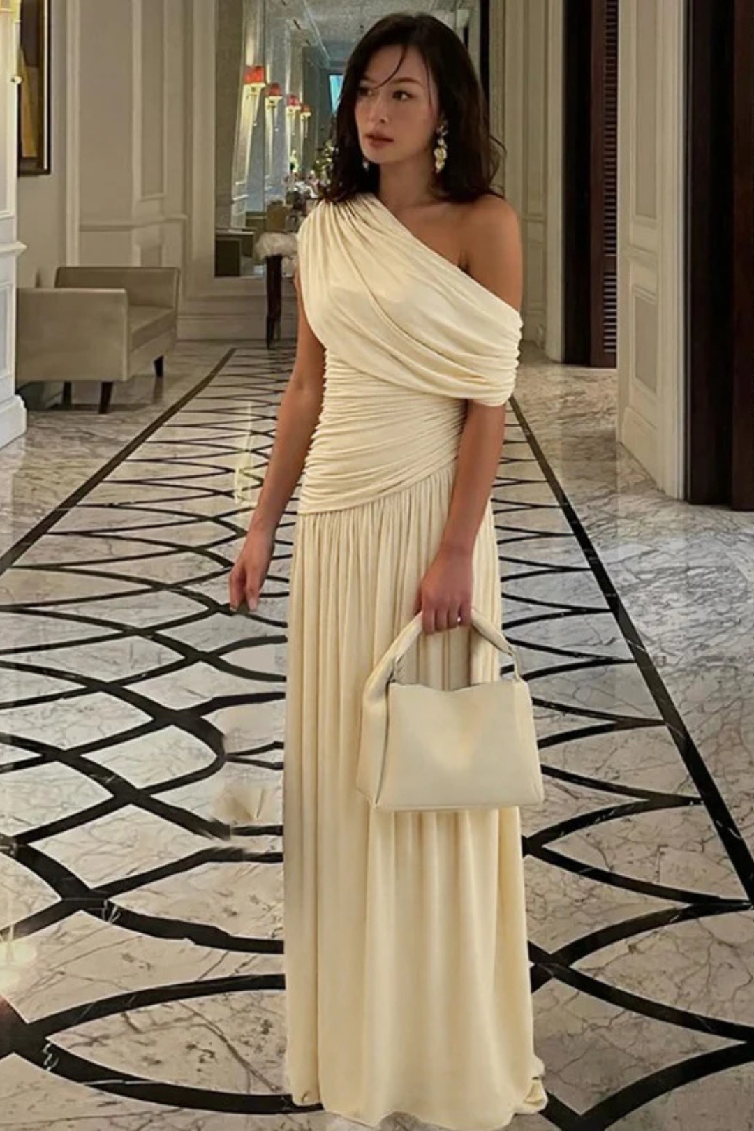 Sculpted Elegance Pleated One-Shoulder Dress in Solid Color