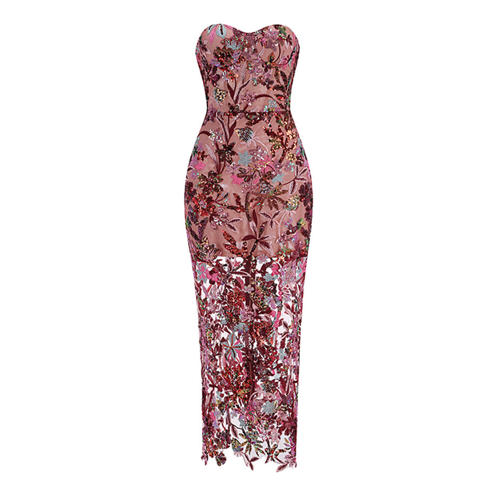 Pink Red Floral Sequin Strapless Bodycon Maxi Gown Full Length | Velvyra Paris