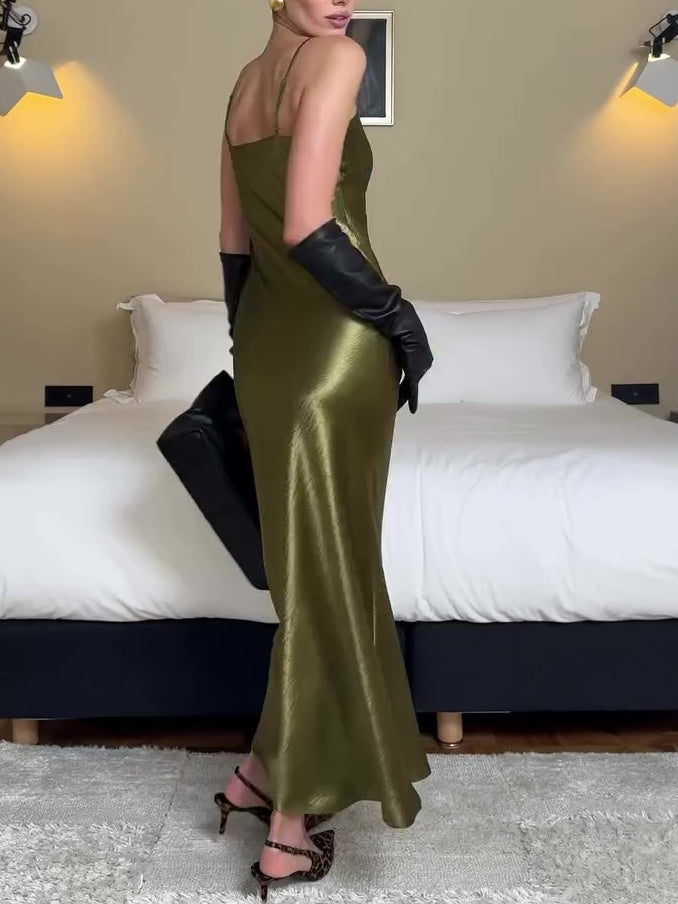 Sabrina | Olive Green Satin Slip Dress