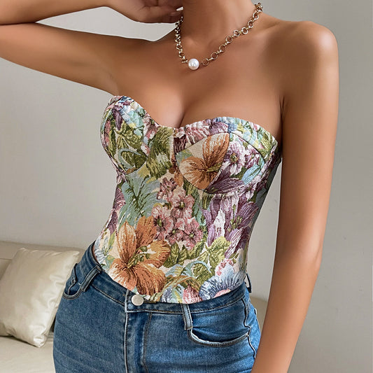 Floral Print Tube Vest Top With Back-tied Design Crop Corset Tank