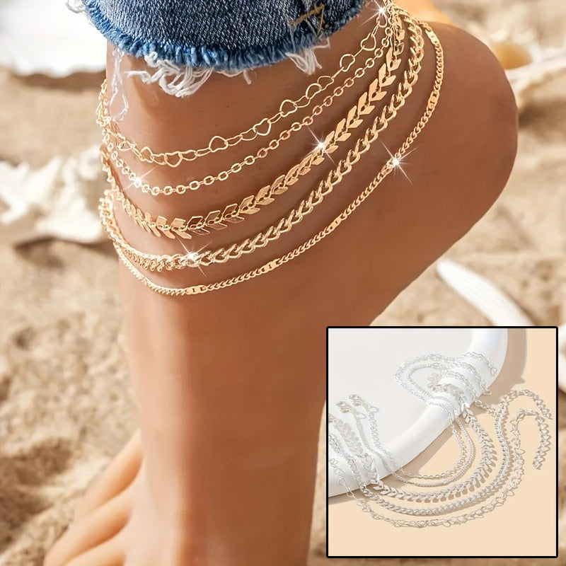 5 tobilleras bohemias con diseño de avión, con forma de corazón, para mujer, estilo playero, para verano