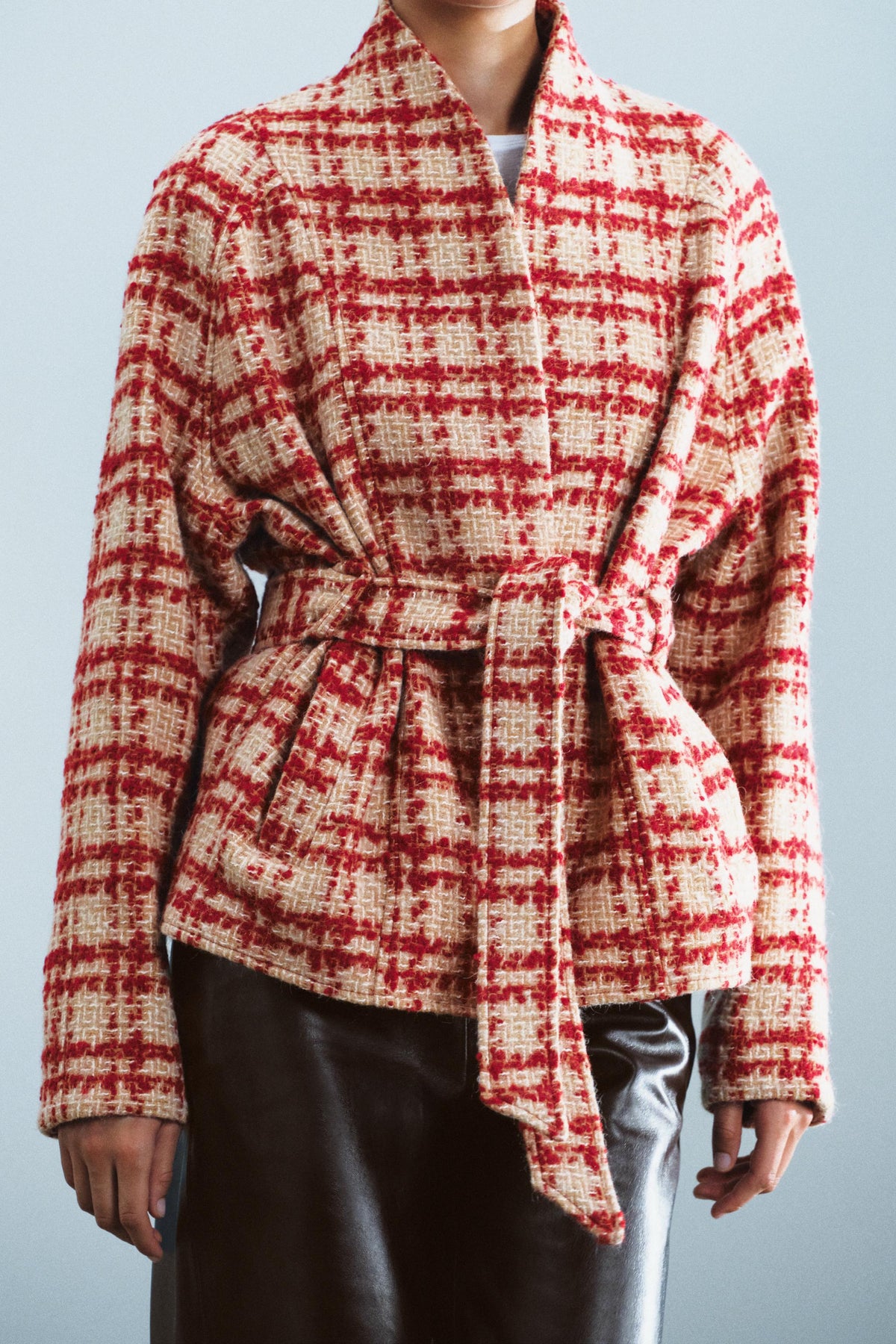 Red Cream Check Tweed Wrap Jacket Shawl Collar Tie Belt View 4 | Velvyra Paris