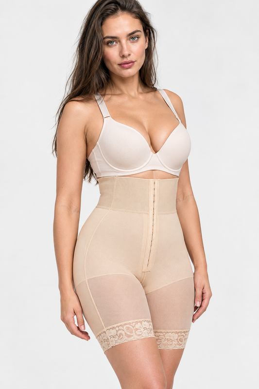 Black Ultra High Waist Tummy Control Shaper Shorts Lace Trim Back View | Velvyra Paris