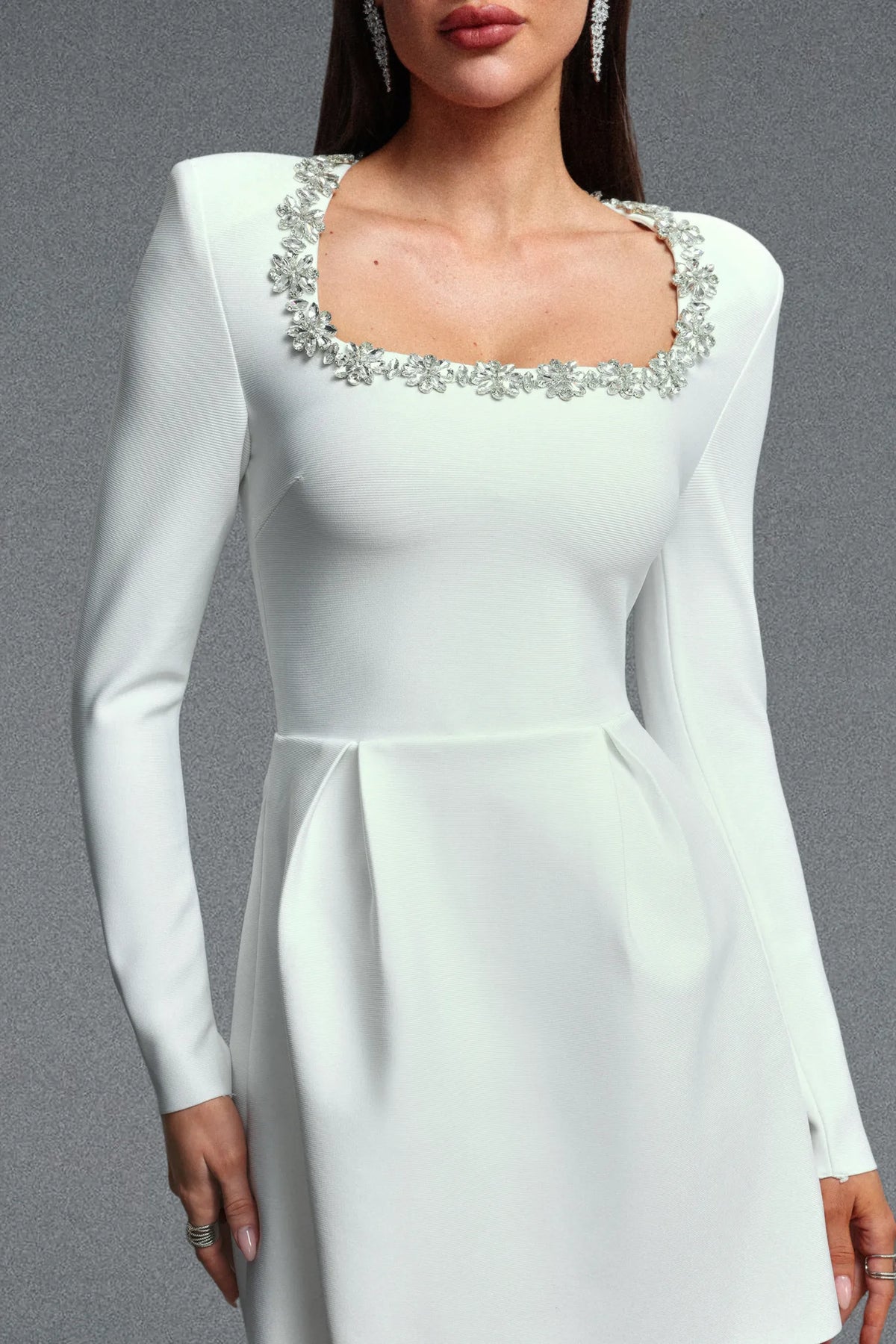 Ivory | Crystal Trim Square Neck Long Sleeve Mini Dress