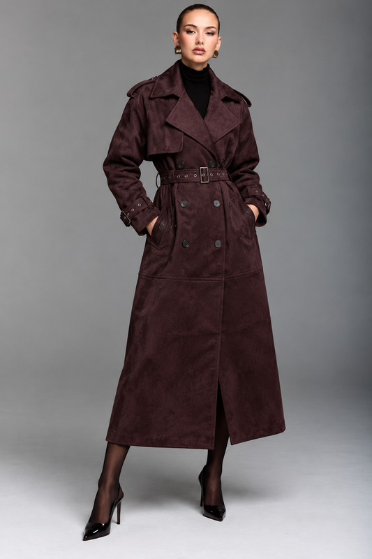 Aubrey | Double Breasted Suede Long Trench Coat with Belt