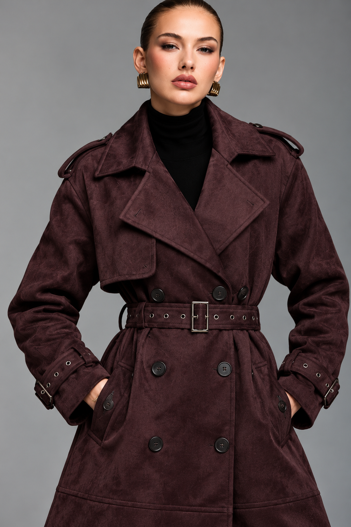 Aubrey | Double Breasted Suede Long Trench Coat with Belt