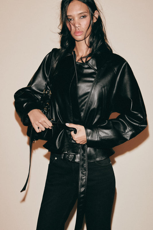 Glossy Black Faux Leather Oversized Belted Biker Jacket Raglan Sleeve View 2 | Velvyra Paris