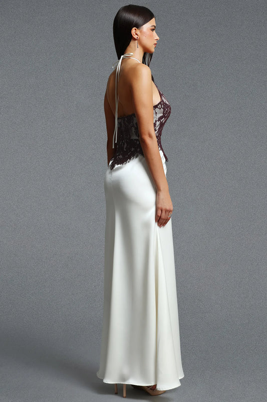 Black Halter Lace Applique Cut-Out Satin Maxi Dress Back View | Velvyra Paris