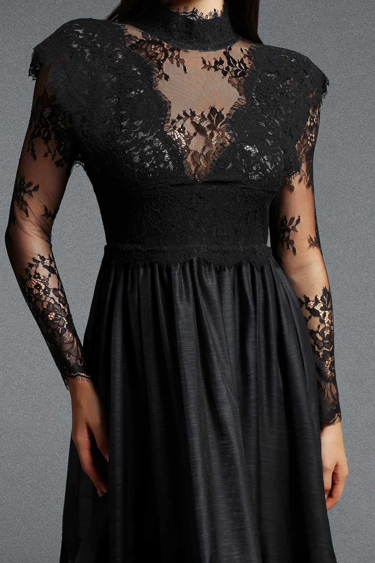 Nocturne | Long Sleeve Lace Embroidery A Line Midi Dress