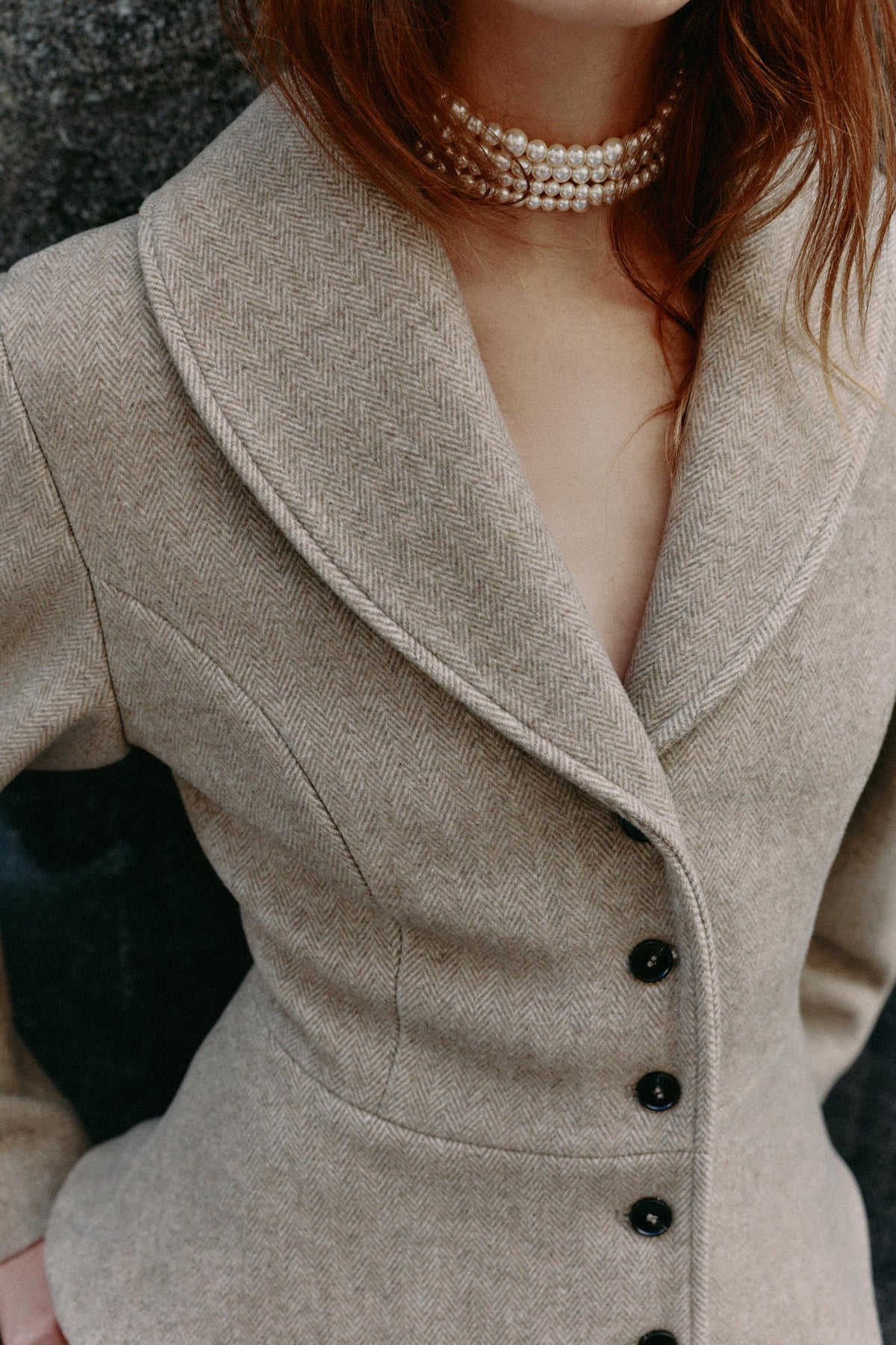 Oatmeal Herringbone Shawl Collar Cinched Waist Fishtail Jacket View 4 | Velvyra Paris