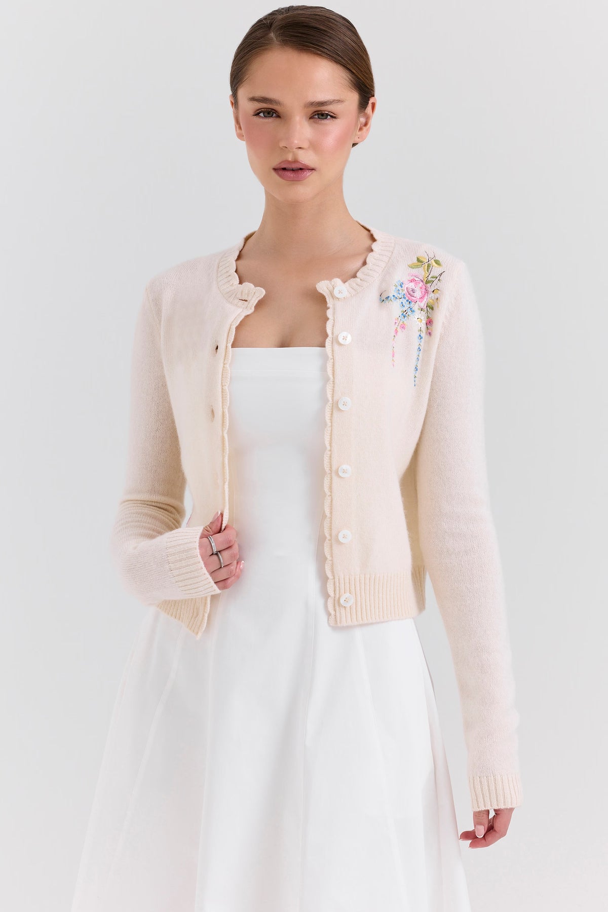 Apricot Cream Pink Blue Sage Floral Embroidered Scalloped Knit Cardigan View 4 | Velvyra Paris