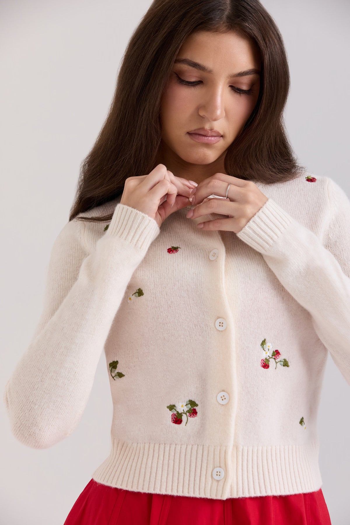 Cream Strawberry Embroidered Button Knit Cardigan Cropped View 4 | Velvyra Paris