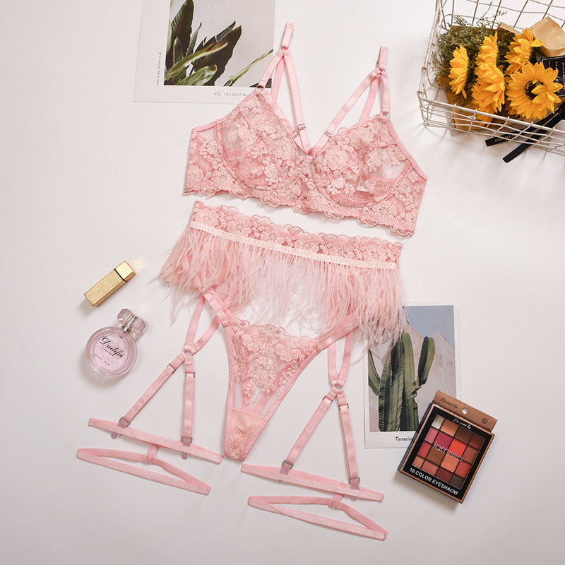Plume | Feather Trim Lace Bra & Garter Strappy Lingerie Set
