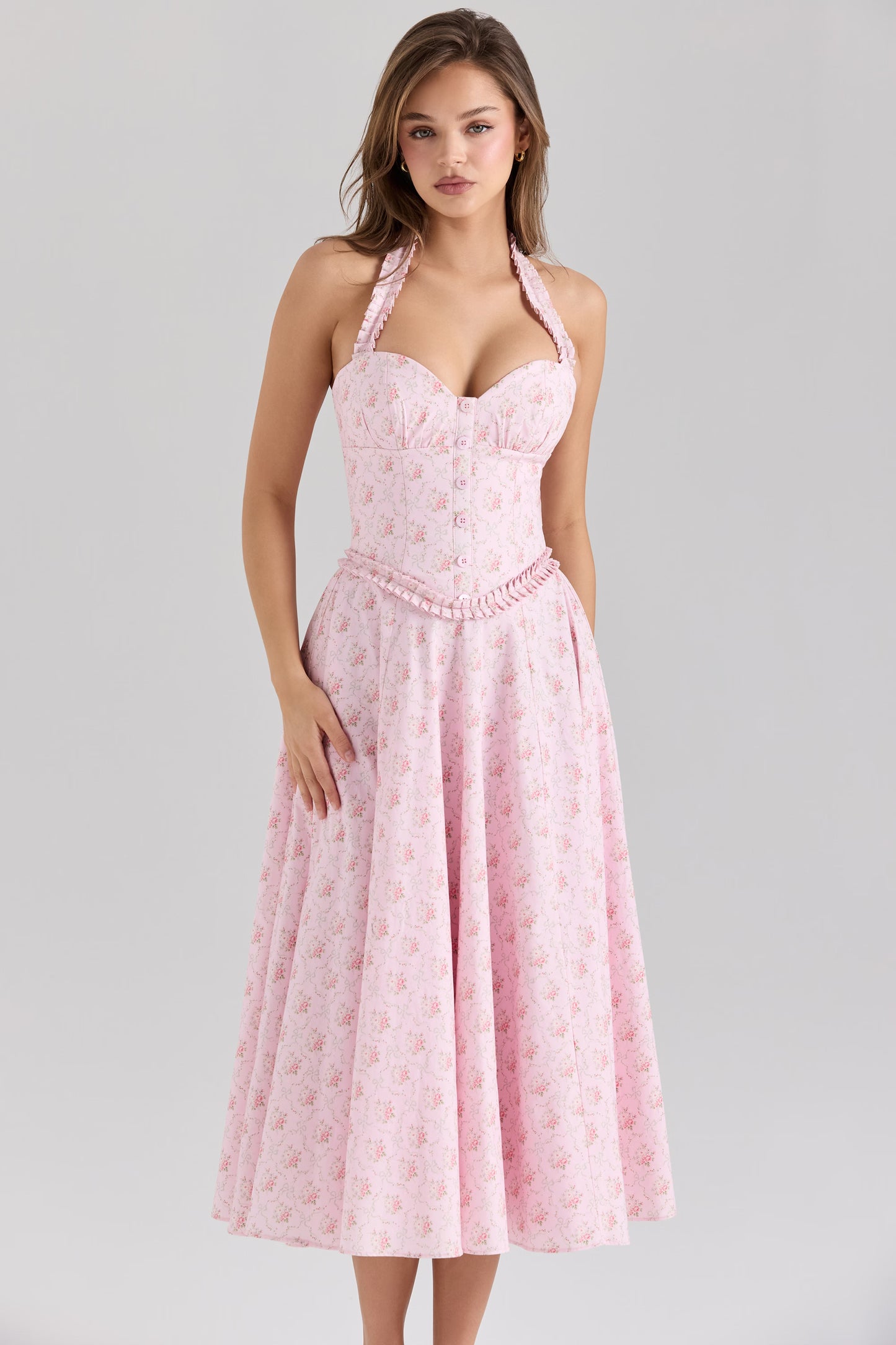 Pink rose print stretch cotton halter neck midi dress