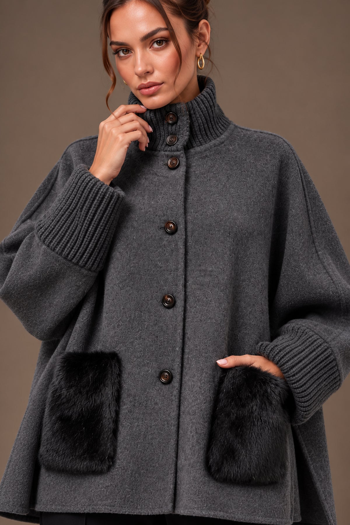 Anthracite Grey Faux Fur Pocket Knit Cuff Stand Collar Cape Jacket Front Detail | Velvyra Paris
