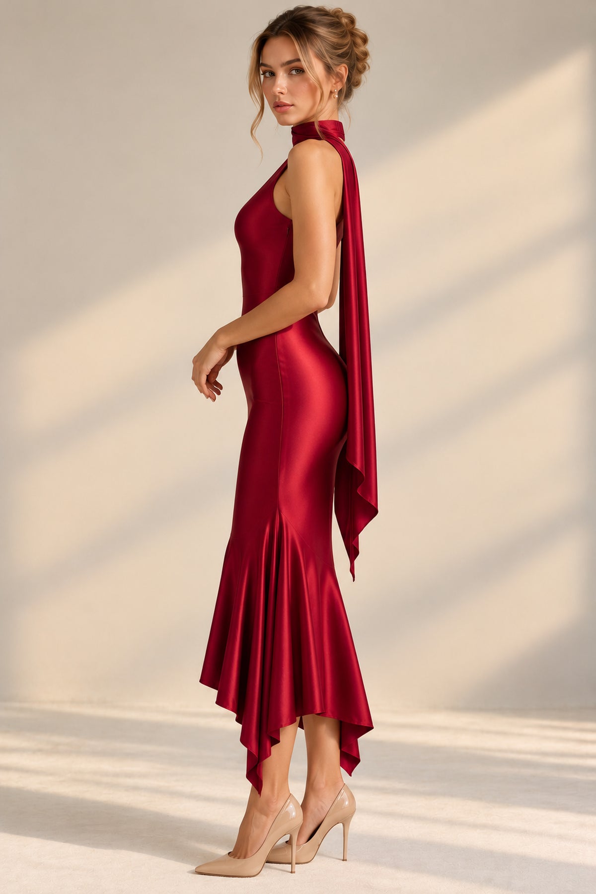 Shaya | Drape Halter Neck Satin High Waist Asymmetric Midi Dress