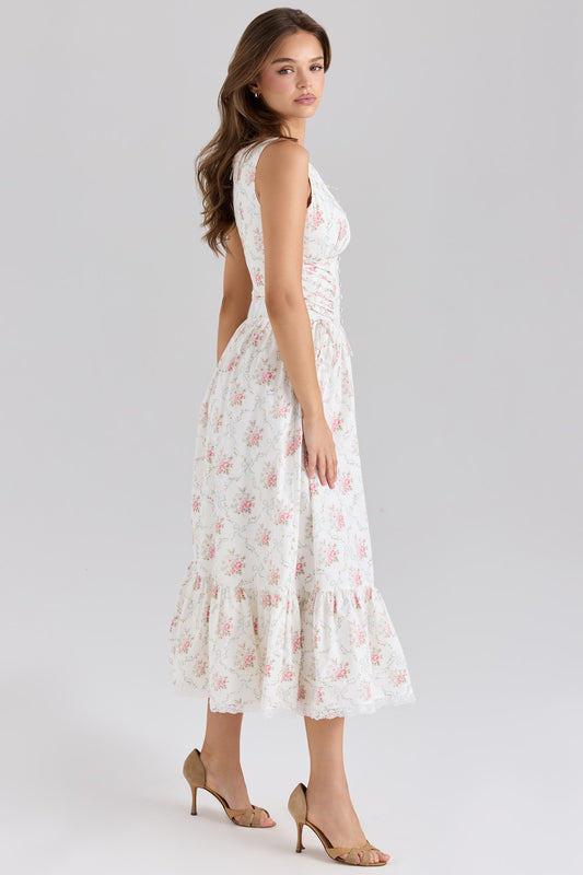 Vivienne | Rose Print Lace-Up Stretch Cotton Midi Dress