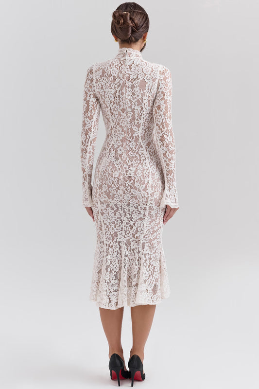 Phia | Ivory Lace Fitted Midi Dress