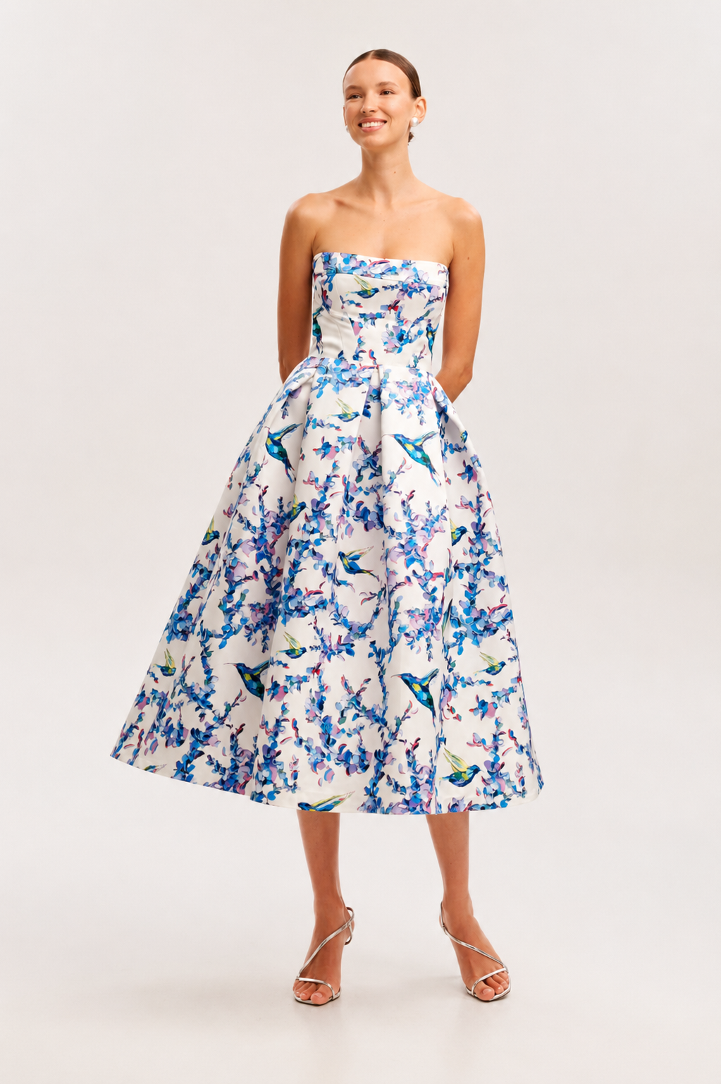 Aviary | Strapless Floral Bird Print Midi Dress