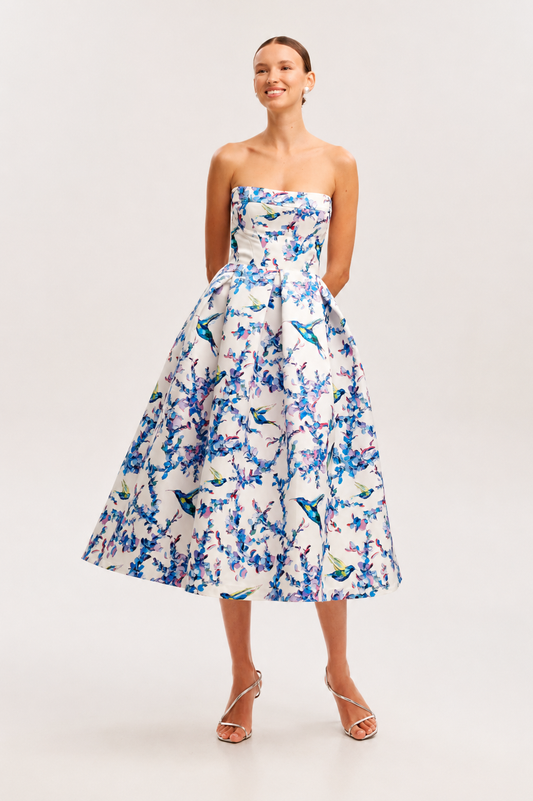 Aviary | Strapless Floral Bird Print Midi Dress