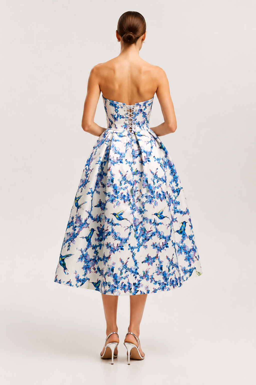 Aviary | Strapless Floral Bird Print Midi Dress