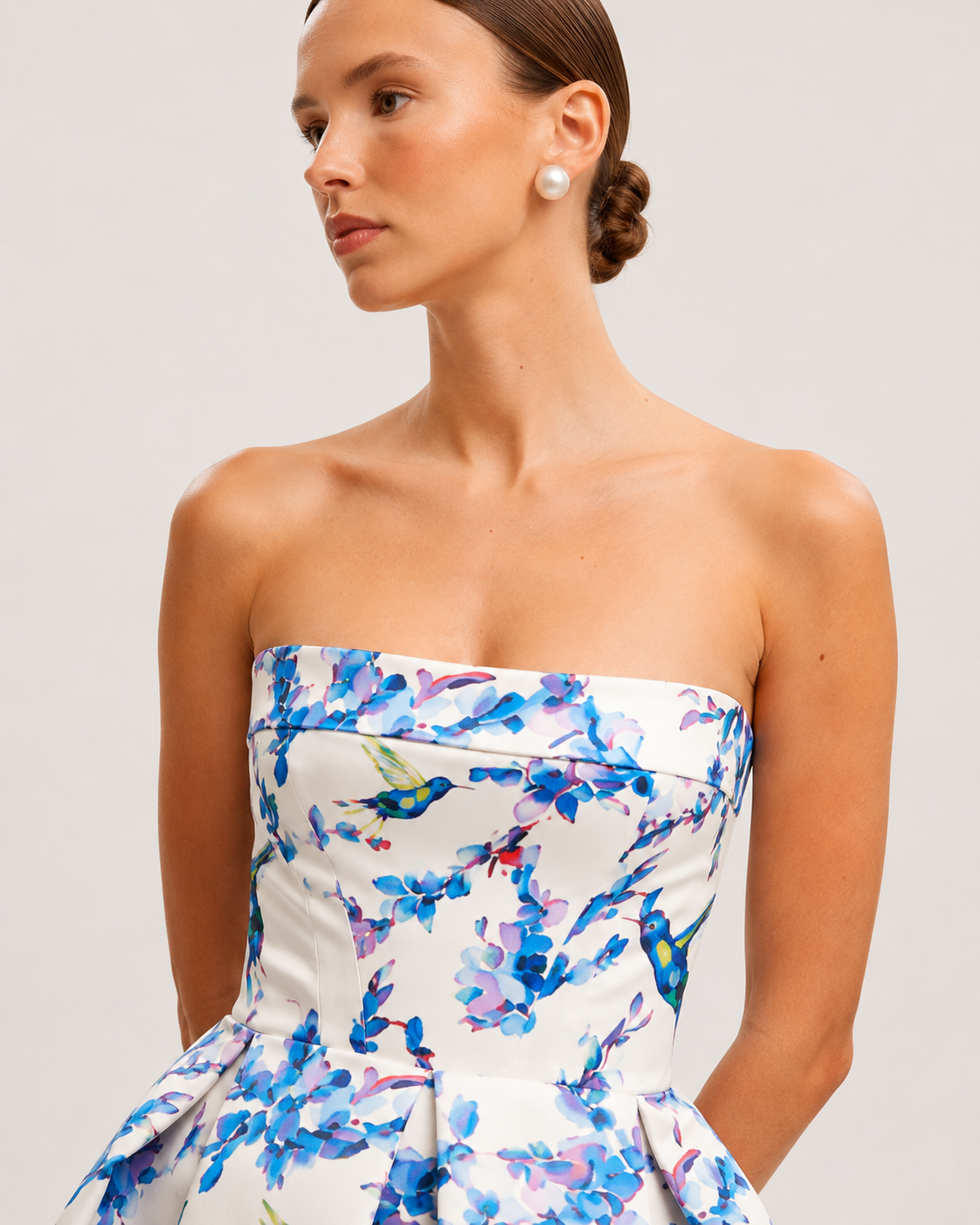 Aviary | Strapless Floral Bird Print Midi Dress