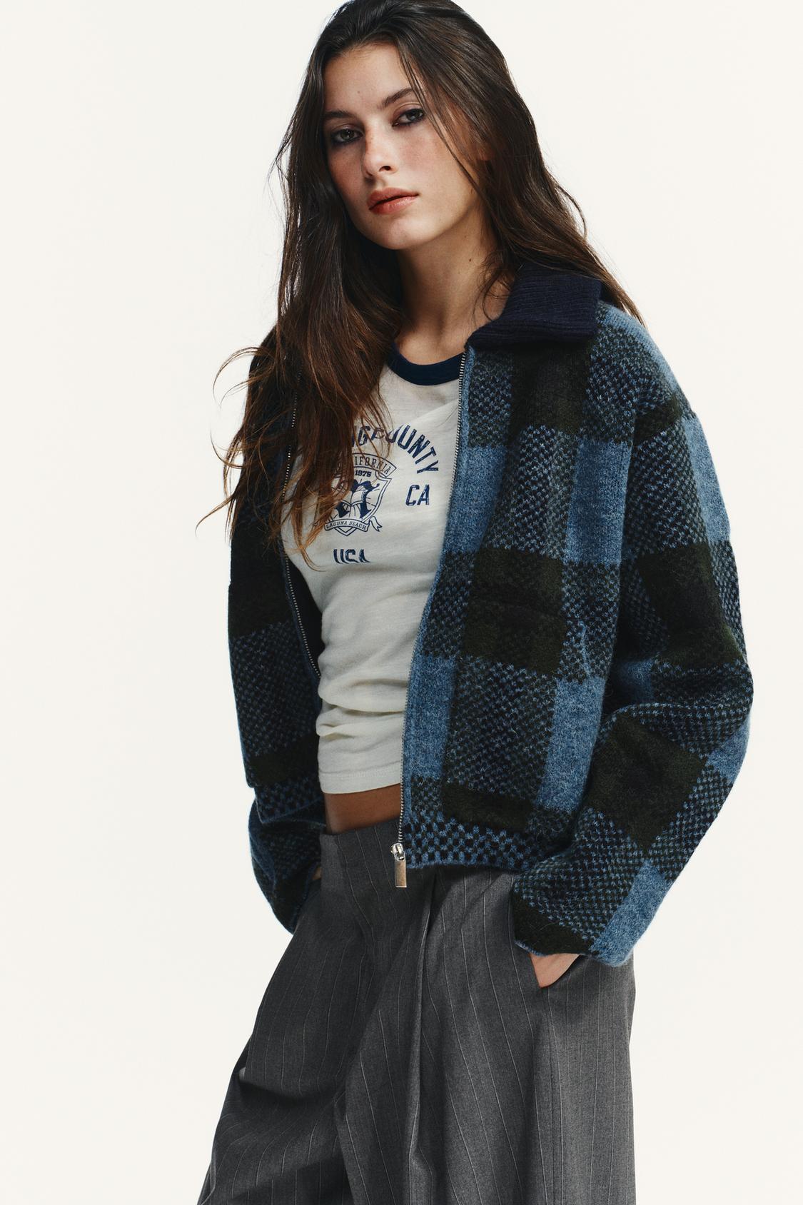 Talia | Checked Knit Bomber Jacket