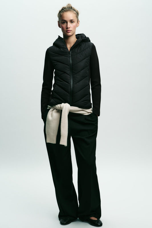 Black Chevron Quilted Hooded Puffer Jacket Stretch Knit Sleeves | Velvyra Paris