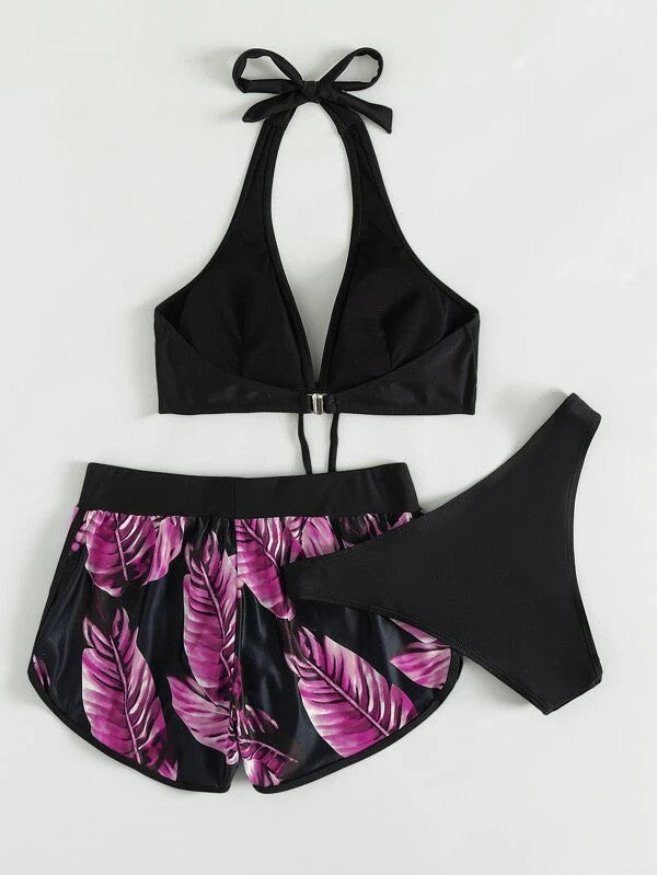 Biquíni com estampa de folhas e shorts 3 peças