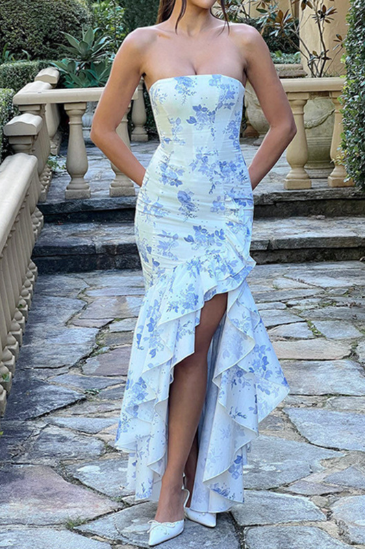 Floral Tube Top Dress with Ruffled Hem and Slit