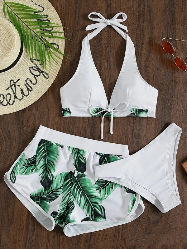 Biquíni com estampa de folhas e shorts 3 peças