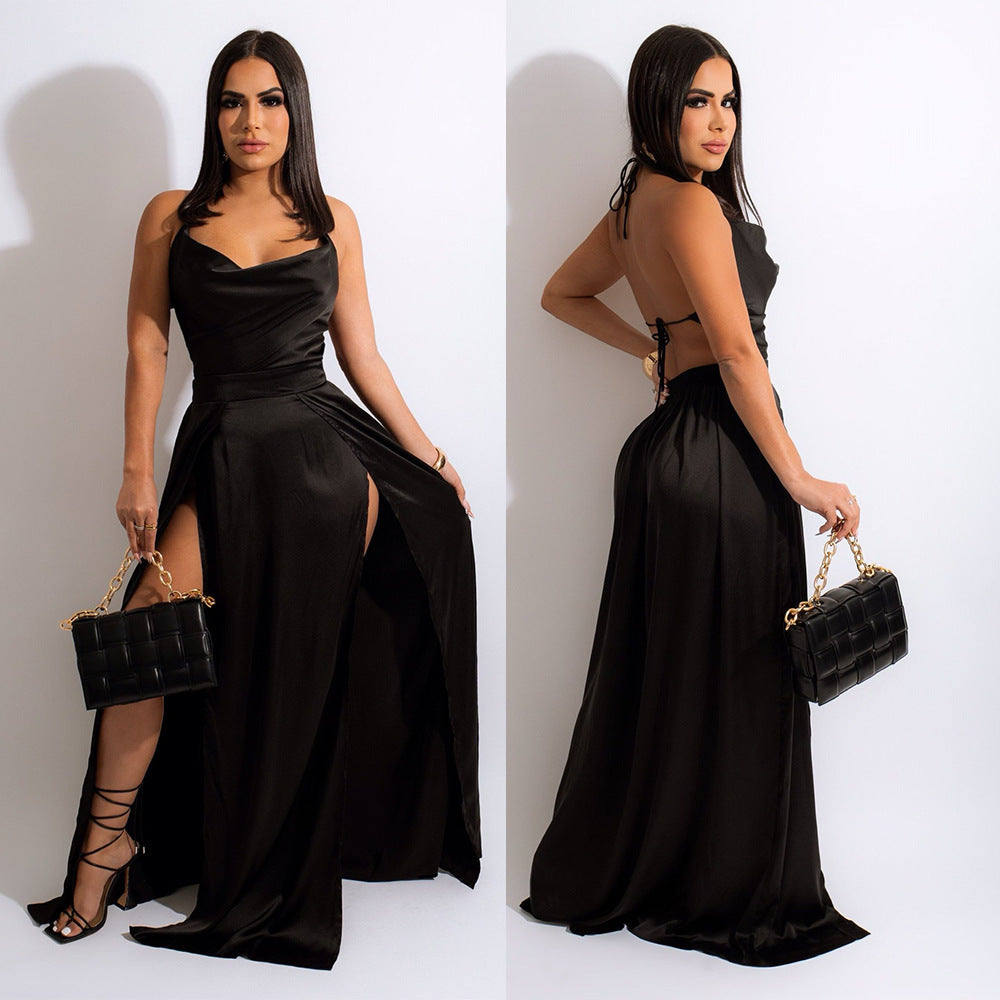 Elodie | Sling Backless Dress with Collar & Side Slit
