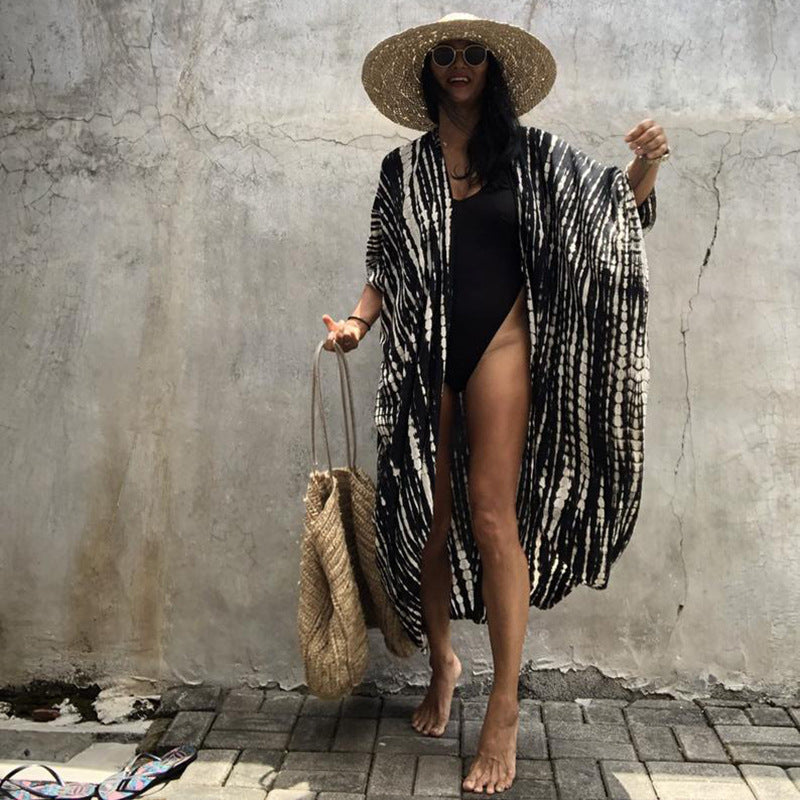 Saídas de biquíni Boho estampadas com franjas, cardigan longo tipo quimono, túnica