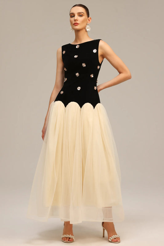 Roto | Sleeveless Sequin Flower Contrast Maxi Dress