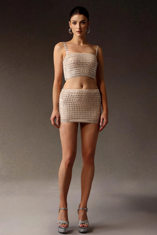 Apricot  Diamond Sequin Crop Top Mini Skirt Set | Velvyra Paris