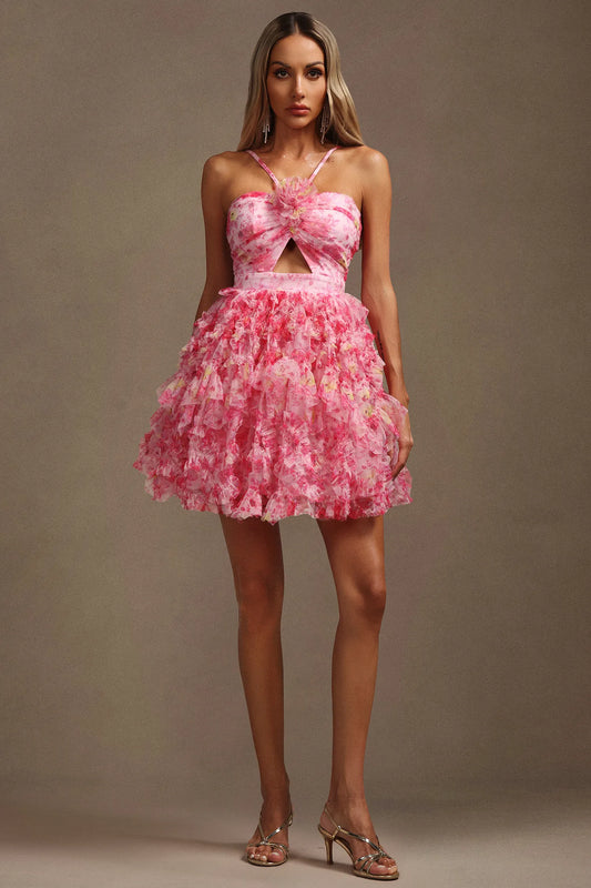 Chic Halter-neck Chiffon Mini Dress with Suspender Style
