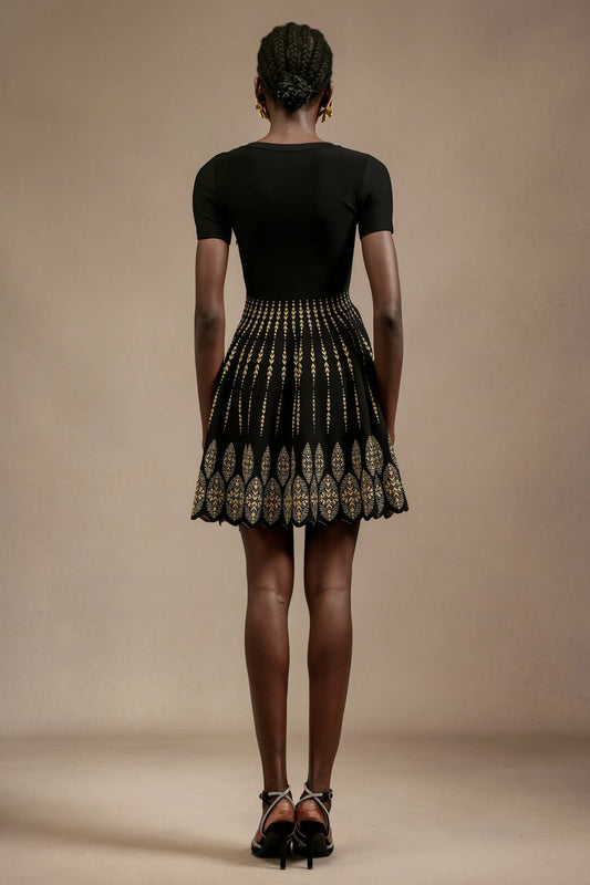 Women's Black Jacquard Knitted Dress V-Neck, High Waist Design