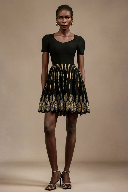 Women's Black Jacquard Knitted Dress V-Neck, High Waist Design