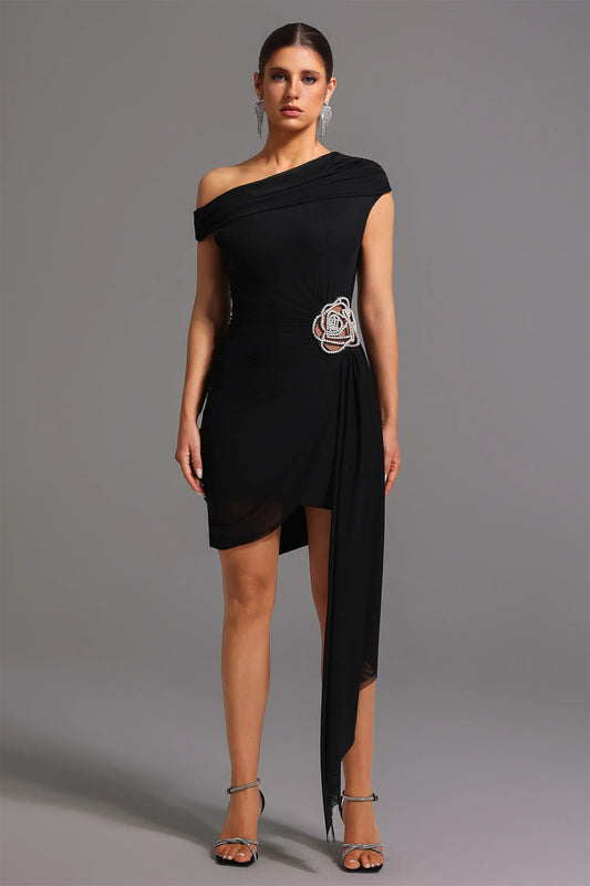Timeless Black Diagonal Floral Dress for Her