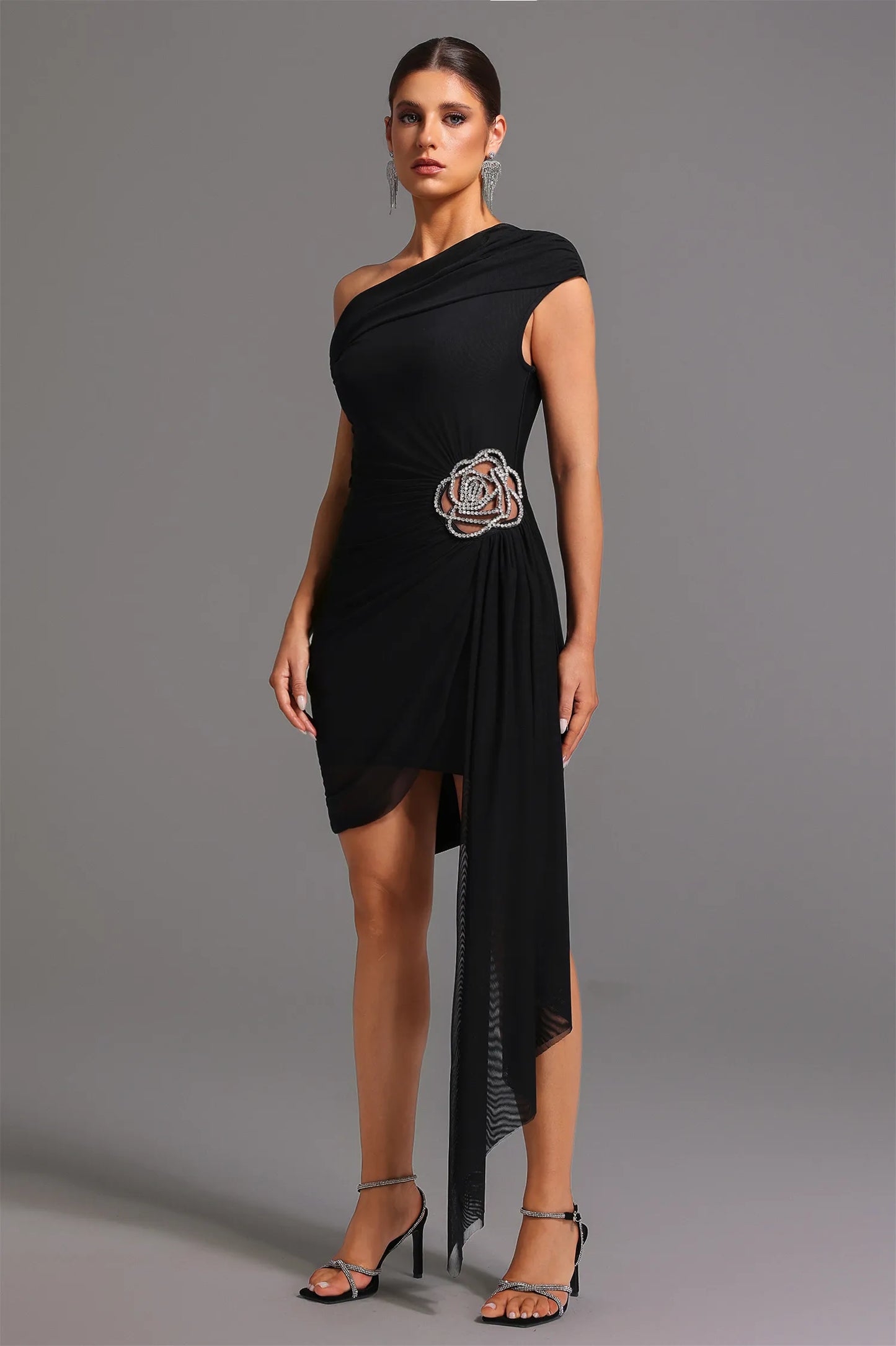 Timeless Black Diagonal Floral Dress for Her