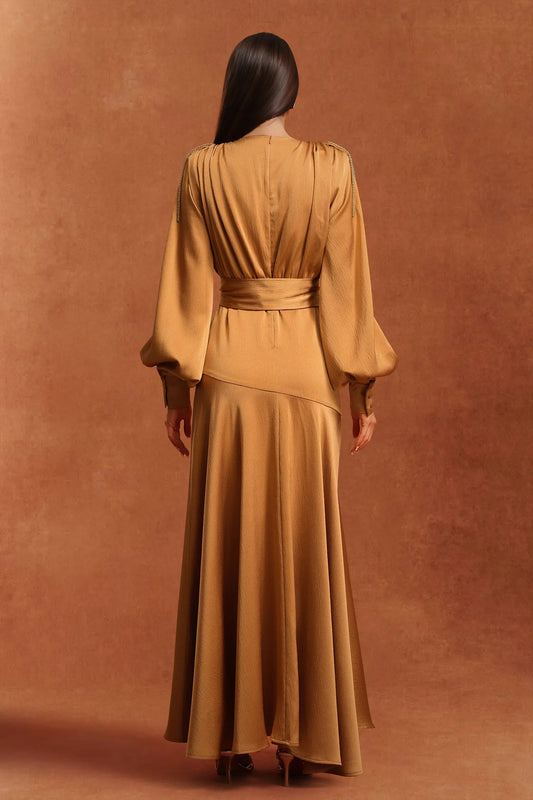 Flared Sleeve Slit Elegant Pleated Dress