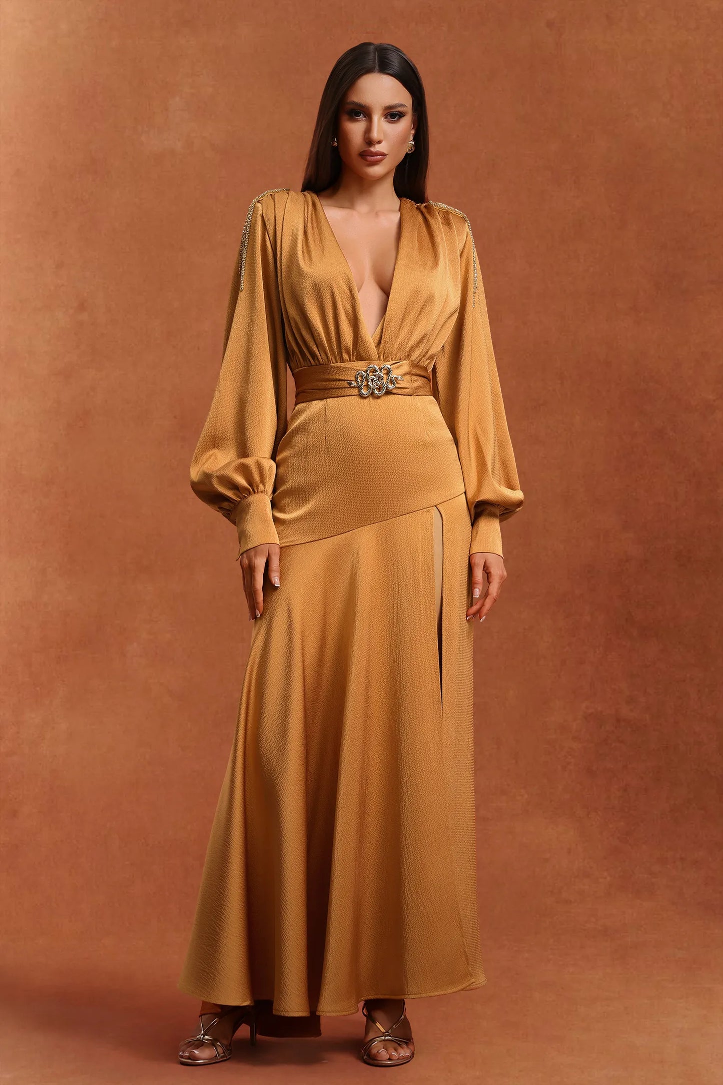 Flared Sleeve Slit Elegant Pleated Dress