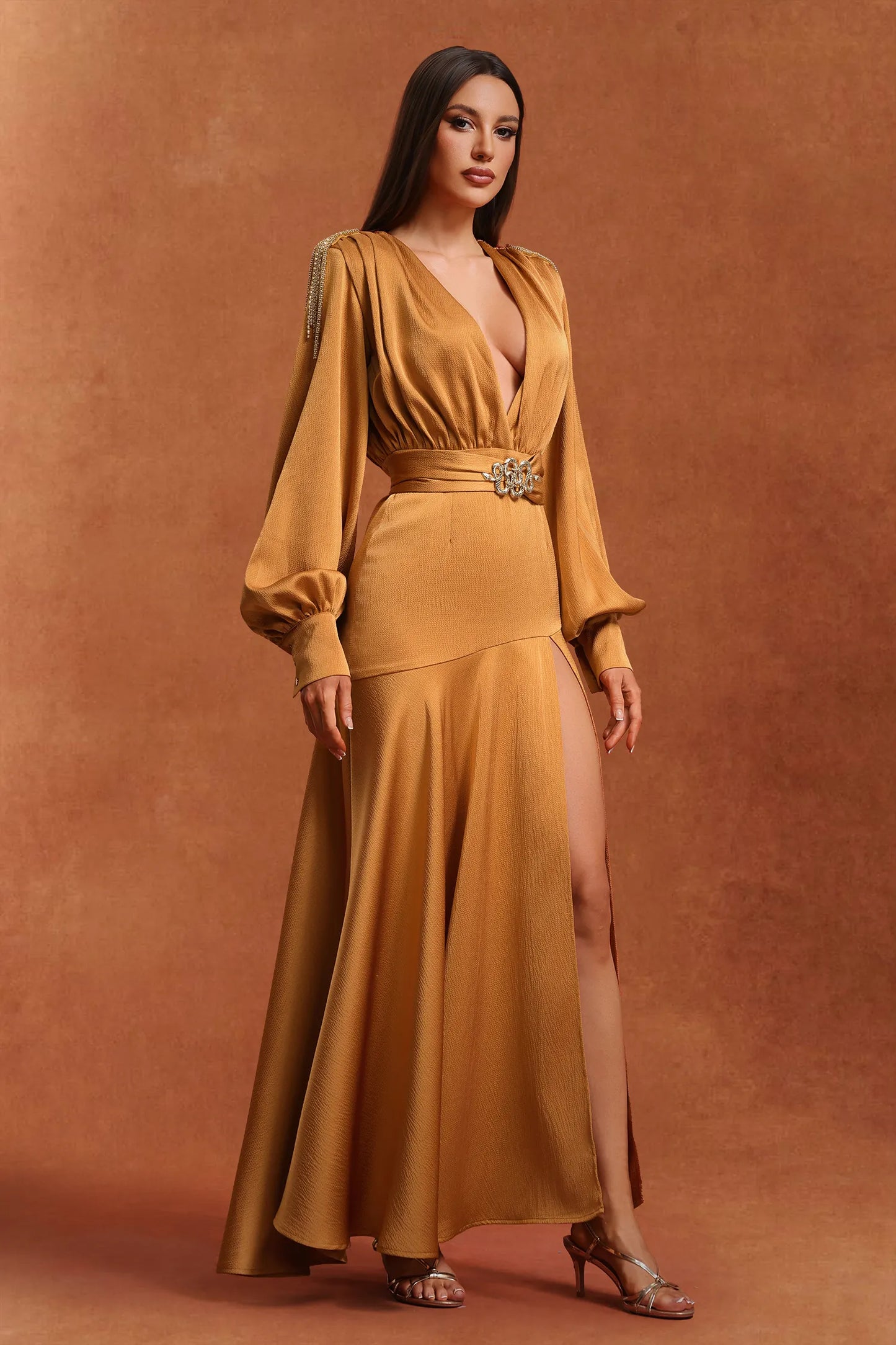 Flared Sleeve Slit Elegant Pleated Dress