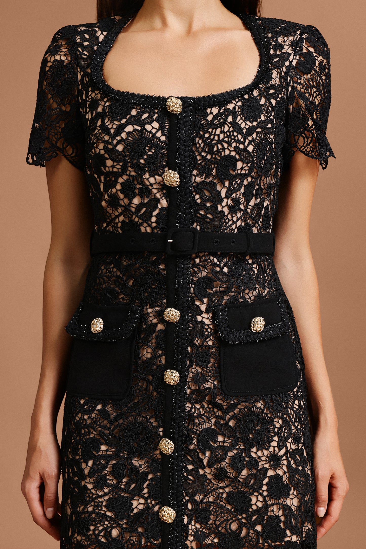 Square Collar Short Sleeve Lace Mini Dress
