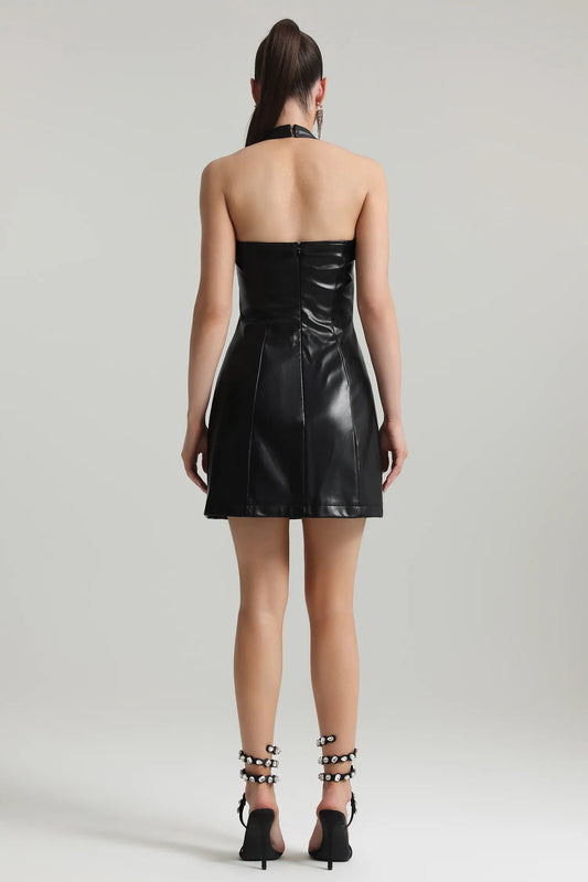 Talasa | Halter Artificial Leather Mini Dress