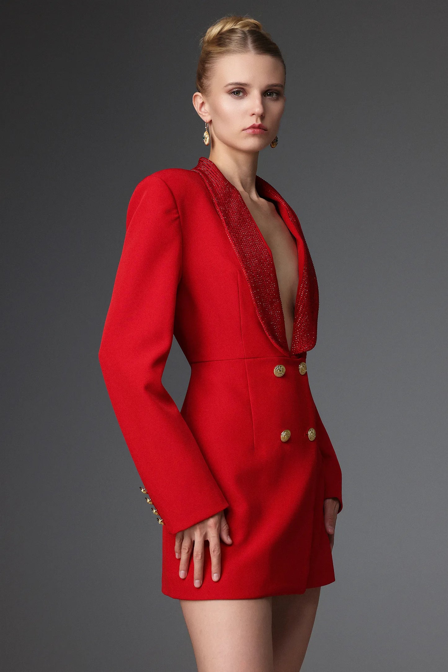 Rey | Deep V Rhinestone Blazer Dress